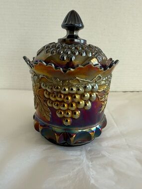 Antique Northwood Amethyst Carnival Glass Covered Sugar Bowl Grapes and Cable
